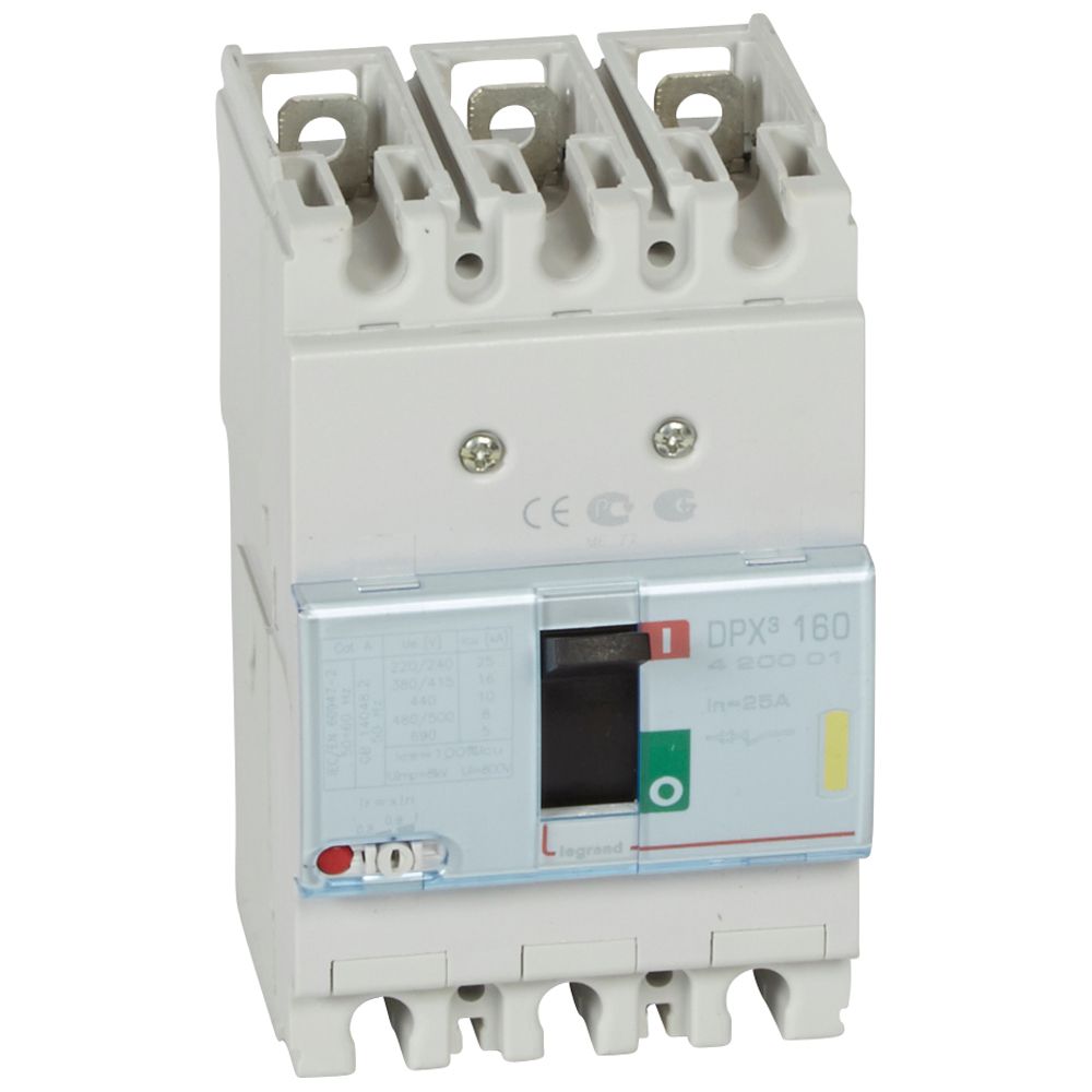 DPX3: kompakt prekidac 160A, 3P, F, FC, In=25A, Un=380/415V (Icu=16kA, Ics=100%Icu), termomagnetna zastitna jedinica (In=25A, Ir=0.8-1In, Im=10In)