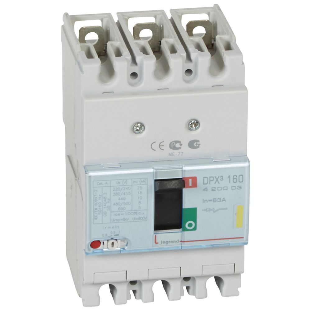 DPX3: kompakt prekidac 160A, 3P, F, FC, In=63A, Un=380/415V (Icu=16kA, Ics=100%Icu), termomagnetna zastitna jedinica (In=63A, Ir=0.8-1In, Im=10In)