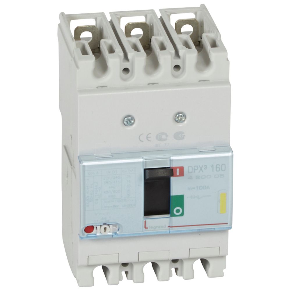 DPX3: kompakt prekidac 160A, 3P, F, FC, In=100A, Un=380/415V (Icu=16kA, Ics=100%Icu), termomagnetna zastitna jedinica (In=100A, Ir=0.8-1In, Im=10In)