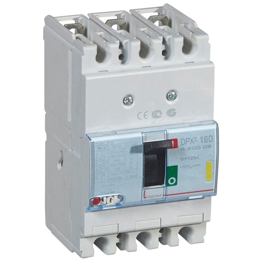 DPX3: kompakt prekidac 160A, 3P, F, FC, In=125A, Un=380/415V (Icu=16kA, Ics=100%Icu), termomagnetna zastitna jedinica (In=125A, Ir=0.8-1In, Im=10In)