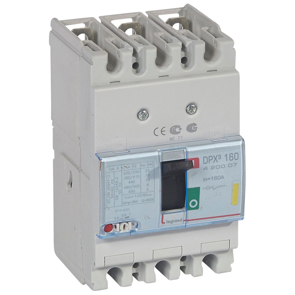 DPX3: kompakt prekidac 160A, 3P, F, FC, In=160A, Un=380/415V (Icu=16kA, Ics=100%Icu), termomagnetna zastitna jedinica (In=160A, Ir=0.8-1In, Im=10In)