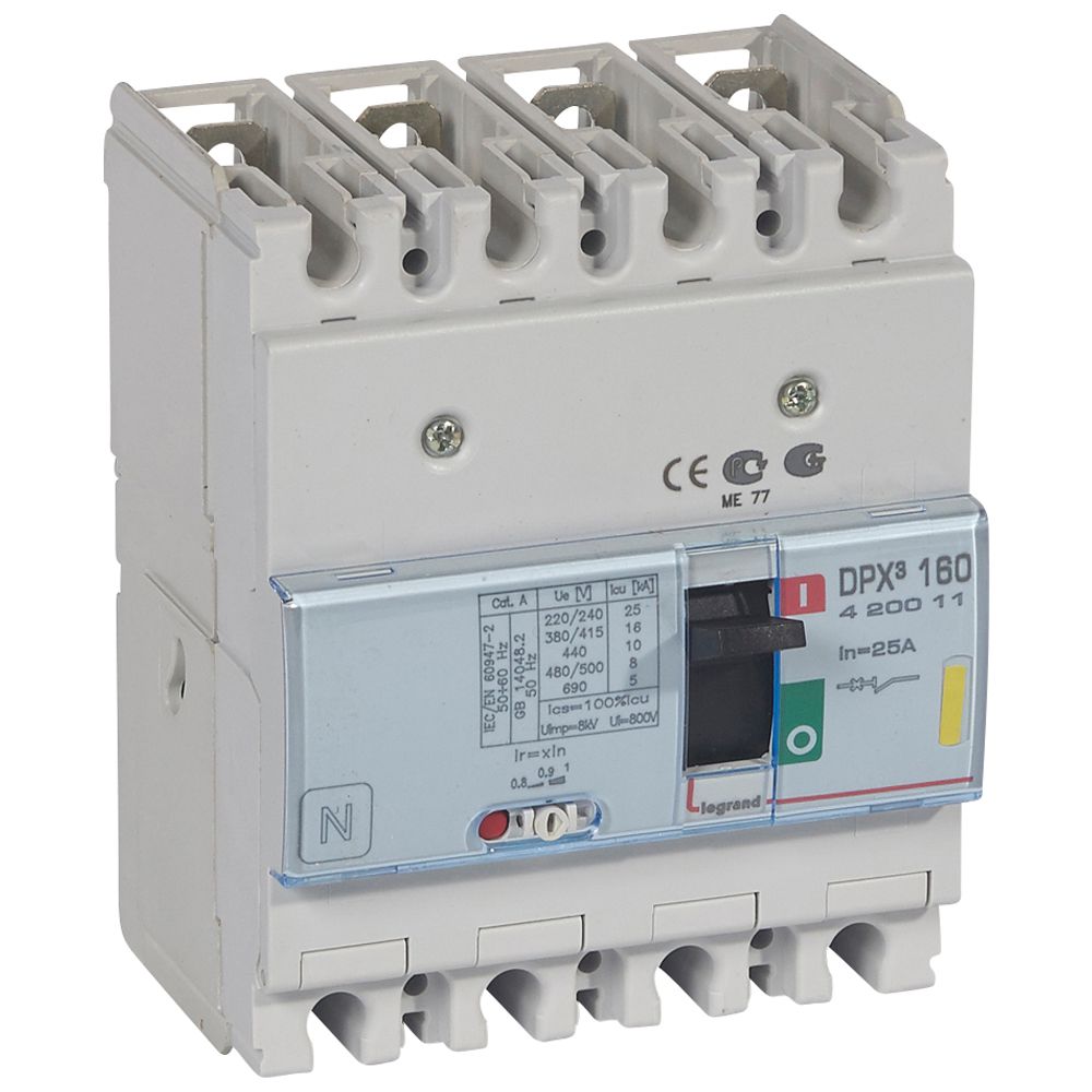 DPX3: kompakt prekidac 160A, 4P, F, FC, In=25A, Un=380/415V (Icu=16kA, Ics=100%Icu), termomagnetna zastitna jedinica (In=25A, Ir=0.8-1In, Im=400A)