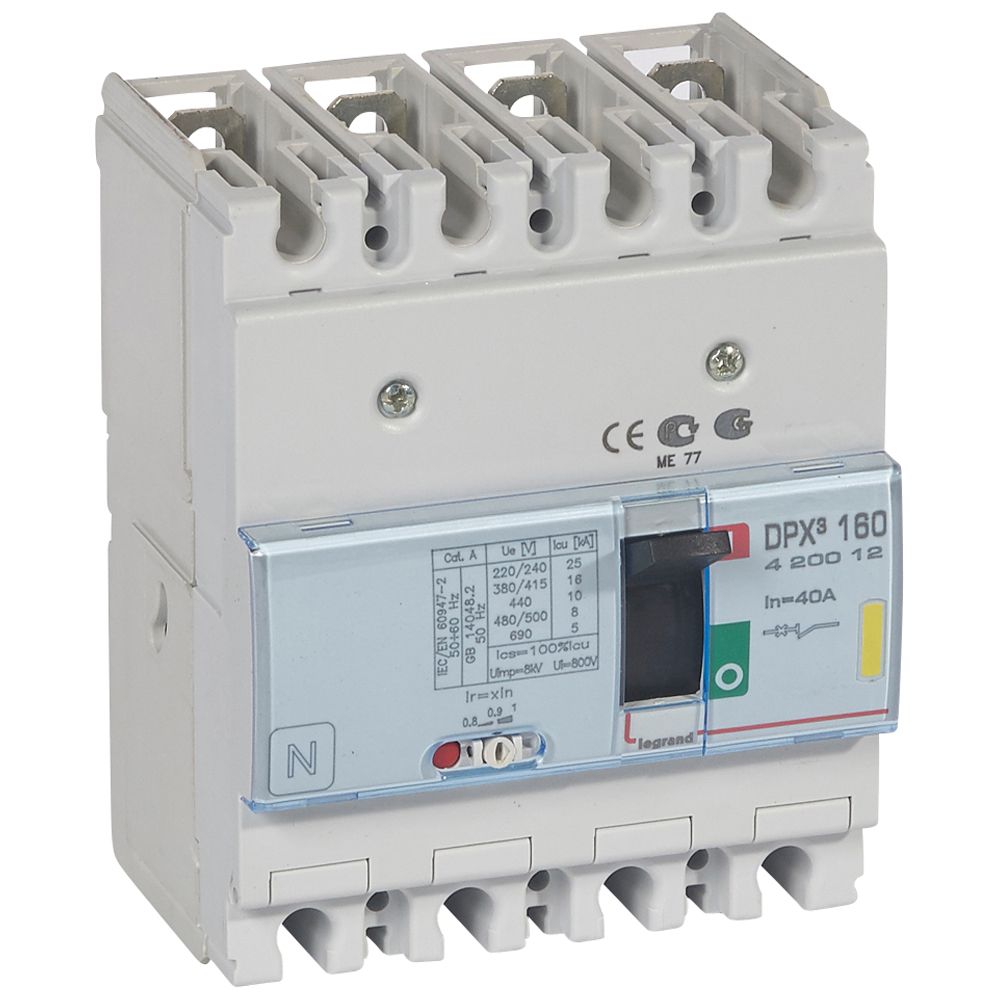 DPX3: kompakt prekidac 160A, 4P, F, FC, In=40A, Un=380/415V (Icu=16kA, Ics=100%Icu), termomagnetna zastitna jedinica (In=40A, Ir=0.8-1In, Im=10In)