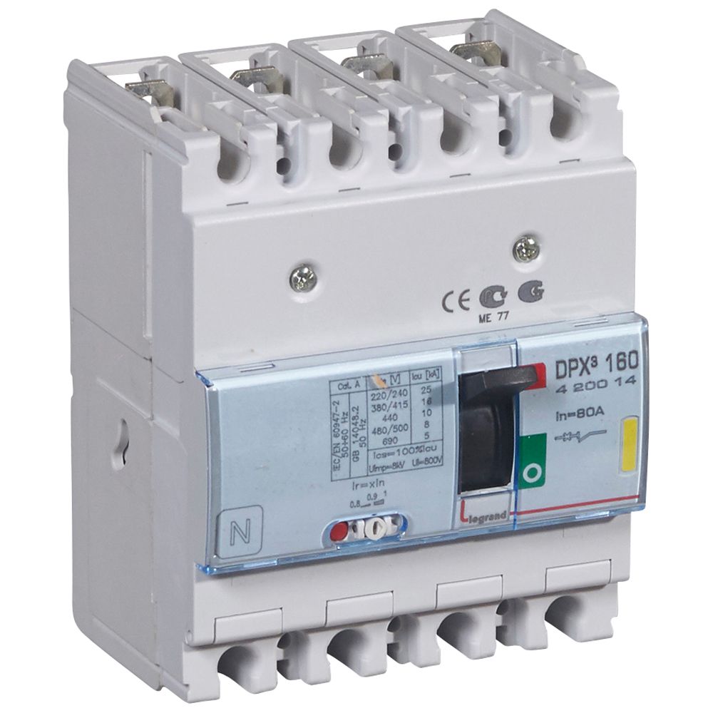 DPX3: kompakt prekidac 160A, 4P, F, FC, In=80A, Un=380/415V (Icu=16kA, Ics=100%Icu), termomagnetna zastitna jedinica (In=80A, Ir=0.8-1In, Im=10In)