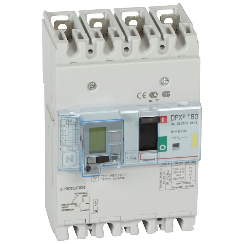 DPX3: kompakt prekidac 160A, 4P, F, FC, In=80A, Un=380/415V (Icu=16kA, Ics=100%Icu), termomagnetna zastitna jedinica (In=80A, Ir=0.8-1In, Im=10In), sa modulom diferencijalne zastite sa LCD (podešavanje osetljivosti: 0.03-0.3-1-3–3A, podešavanje vremena kašnjenja: 0-0.3-1-3s)