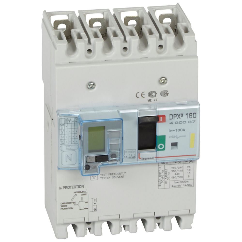 DPX3: kompakt prekidac 160A, 4P, F, FC, In=160A, Un=380/415V (Icu=16kA, Ics=100%Icu), termomagnetna zastitna jedinica (In=160A, Ir=0.8-1In, Im=10In), sa modulom diferencijalne zastite sa LCD (podešavanje osetljivosti: 0.03-0.3-1-3–3A, podešavanje vremena kašnjenja: 0-0.3-1-3s)