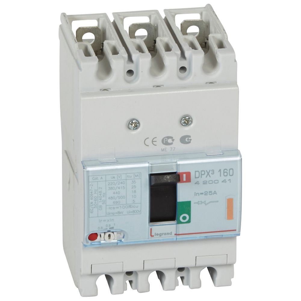 DPX3: kompakt prekidac 160A, 3P, F, FC, In=25A, Un=380/415V (Icu=25kA, Ics=100%Icu), termomagnetna zastitna jedinica (In=25A, Ir=0.8-1In, Im=10In)