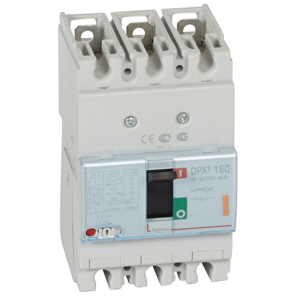 DPX3: kompakt prekidac 160A, 3P, F, FC, In=40A, Un=380/415V (Icu=25kA, Ics=100%Icu), termomagnetna zastitna jedinica (In=40A, Ir=0.8-1In, Im=10In)