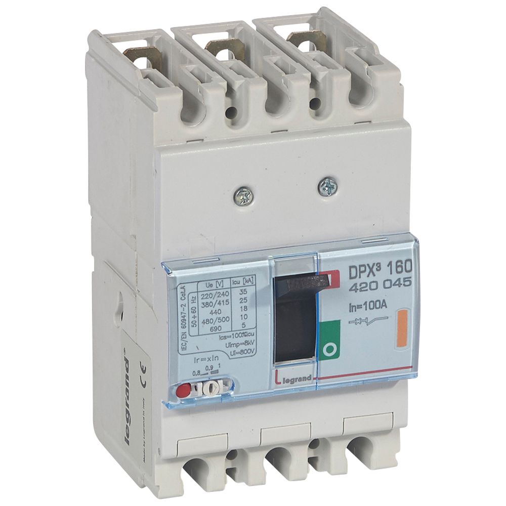 DPX3: kompakt prekidac 160A, 3P, F, FC, In=100A, Un=380/415V (Icu=25kA, Ics=100%Icu), termomagnetna zastitna jedinica (In=100A, Ir=0.8-1In, Im=10In)