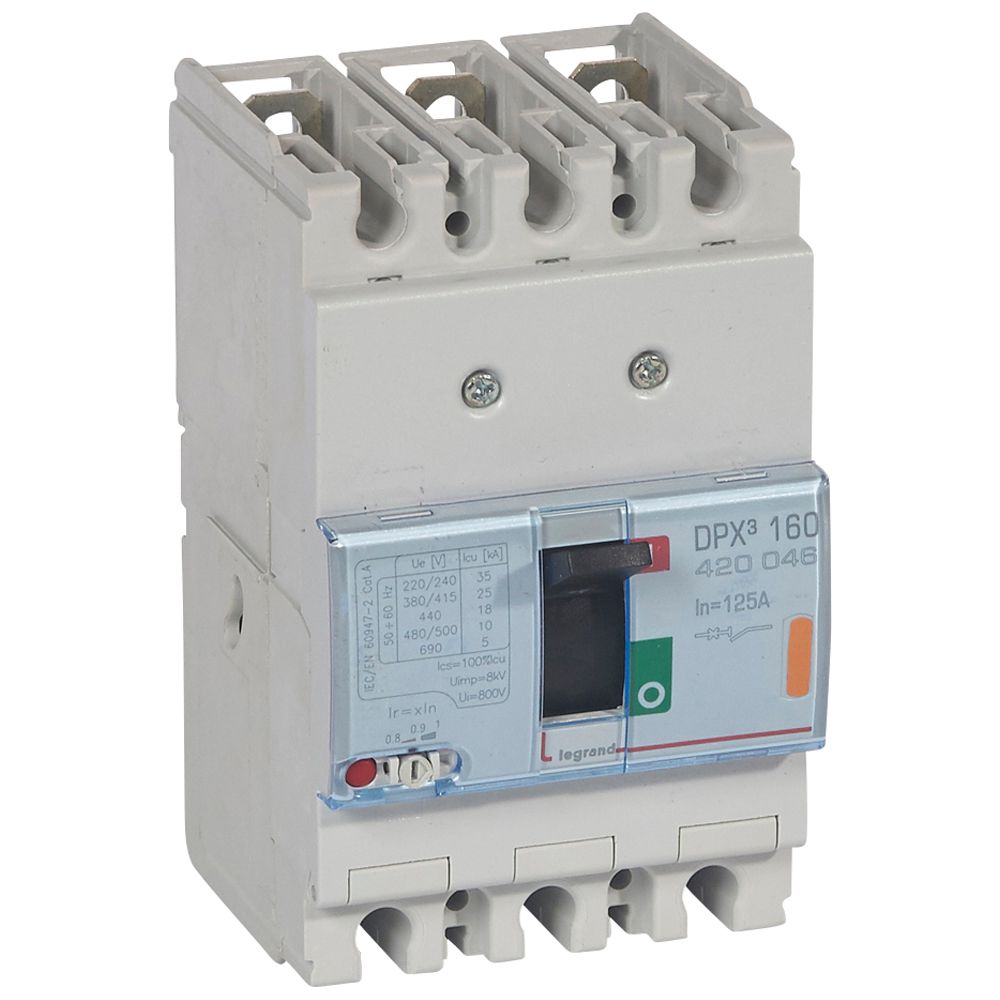 DPX3: kompakt prekidac 160A, 3P, F, FC, In=125A, Un=380/415V (Icu=25kA, Ics=100%Icu), termomagnetna zastitna jedinica (In=125A, Ir=0.8-1In, Im=10In)