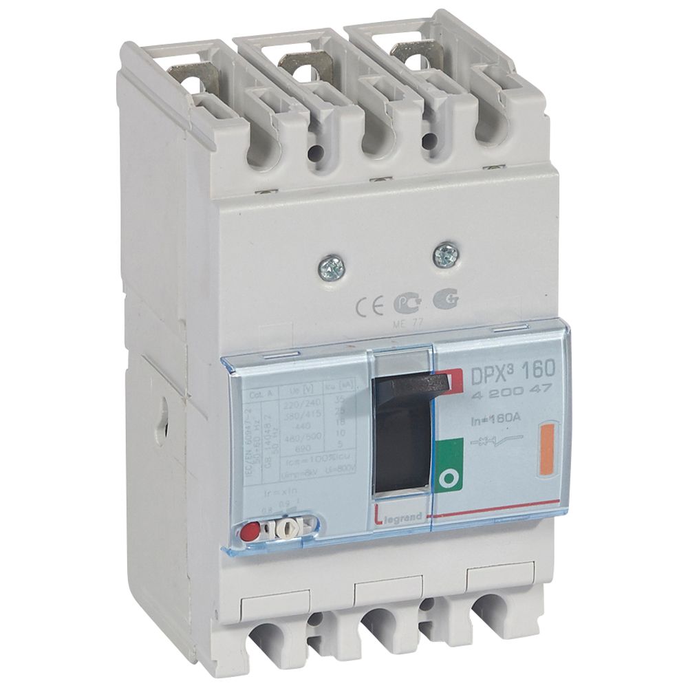 DPX3: kompakt prekidac 160A, 3P, F, FC, In=160A, Un=380/415V (Icu=25kA, Ics=100%Icu), termomagnetna zastitna jedinica (In=160A, Ir=0.8-1In, Im=10In)