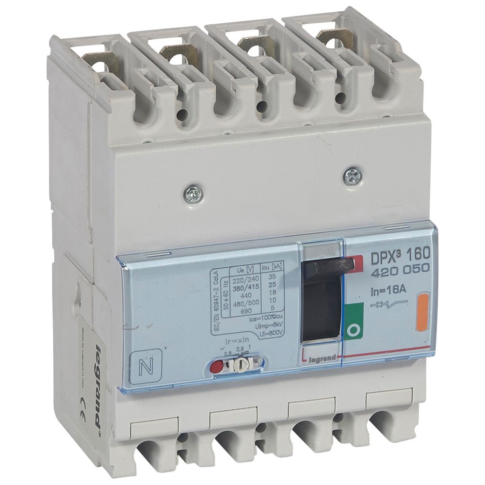 DPX3: kompakt prekidac 160A, 4P, F, FC, In=16A, Un=380/415V (Icu=25kA, Ics=100%Icu), termomagnetna zastitna jedinica (In=16A, Ir=0.8-1In, Im=400A)