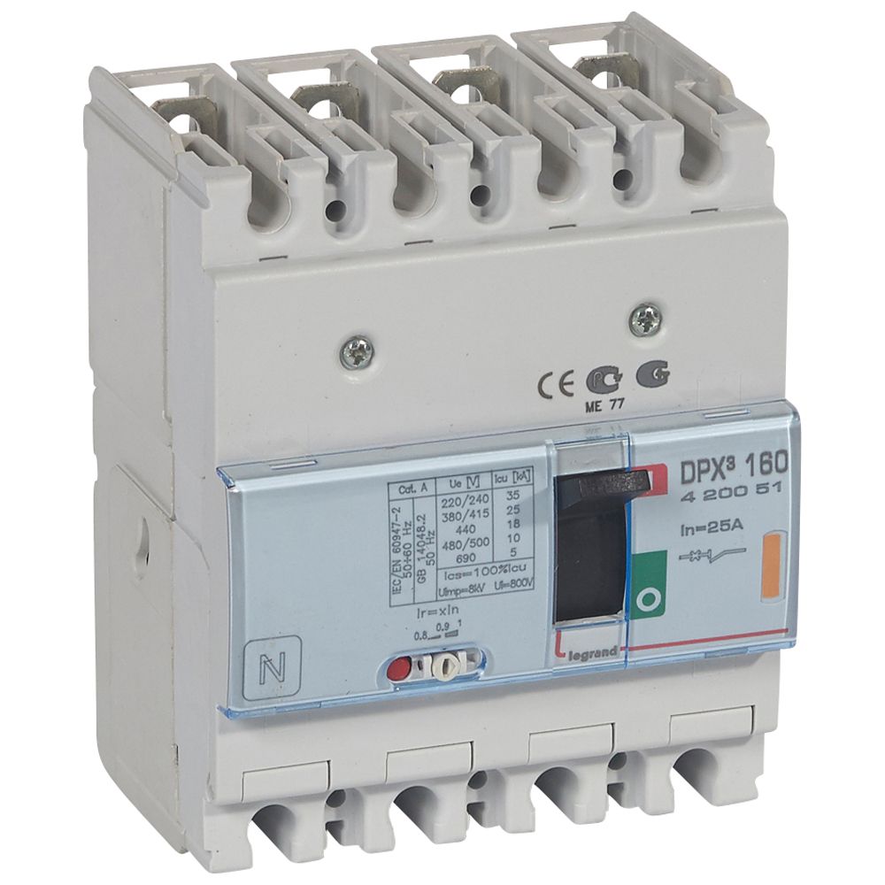 DPX3: kompakt prekidac 160A, 4P, F, FC, In=25A, Un=380/415V (Icu=25kA, Ics=100%Icu), termomagnetna zastitna jedinica (In=25A, Ir=0.8-1In, Im=400A)