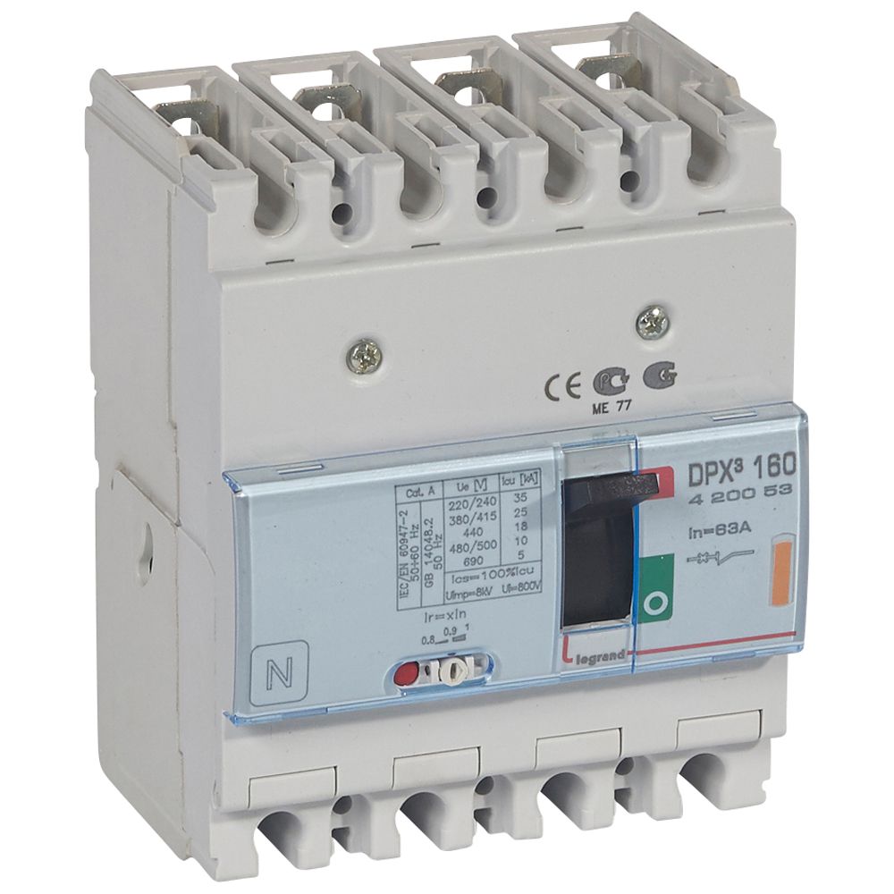 DPX3: kompakt prekidac 160A, 4P, F, FC, In=63A, Un=380/415V (Icu=25kA, Ics=100%Icu), termomagnetna zastitna jedinica (In=63A, Ir=0.8-1In, Im=10In)