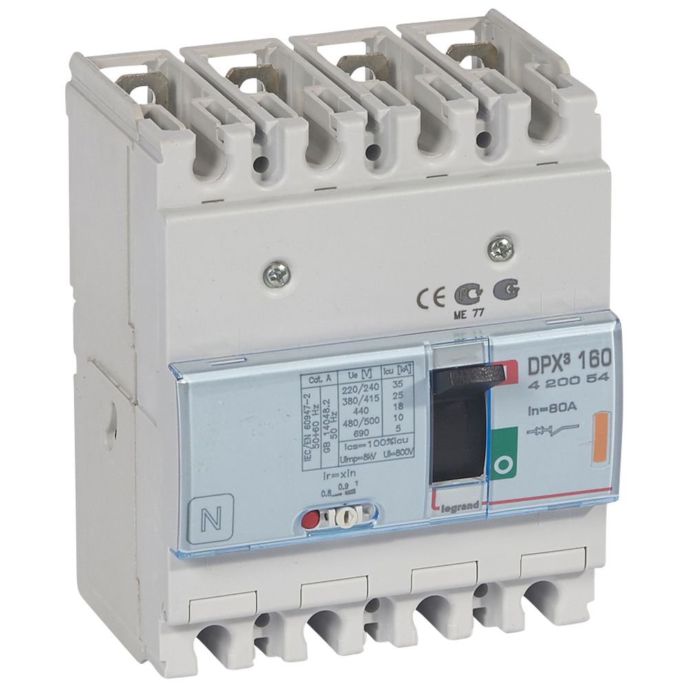 DPX3: kompakt prekidac 160A, 4P, F, FC, In=80A, Un=380/415V (Icu=25kA, Ics=100%Icu), termomagnetna zastitna jedinica (In=80A, Ir=0.8-1In, Im=10In)