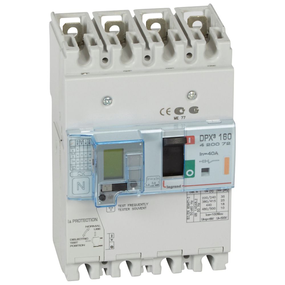 DPX3: kompakt prekidac 160A, 4P, F, FC, In=40A, Un=380/415V (Icu=25kA, Ics=100%Icu), termomagnetna zastitna jedinica (In=40A, Ir=0.8-1In, Im=10In), sa modulom diferencijalne zastite sa LCD (podešavanje osetljivosti: 0.03-0.3-1-3–3A, podešavanje vremena kašnjenja: 0-0.3-1-3s)