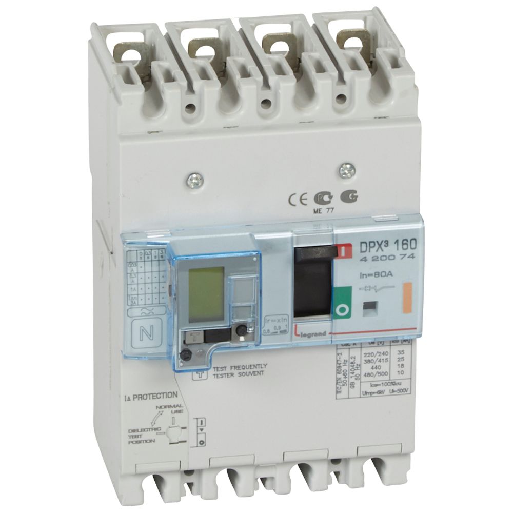 DPX3: kompakt prekidac 160A, 4P, F, FC, In=80A, Un=380/415V (Icu=25kA, Ics=100%Icu), termomagnetna zastitna jedinica (In=80A, Ir=0.8-1In, Im=10In), sa modulom diferencijalne zastite sa LCD (podešavanje osetljivosti: 0.03-0.3-1-3–3A, podešavanje vremena kašnjenja: 0-0.3-1-3s)