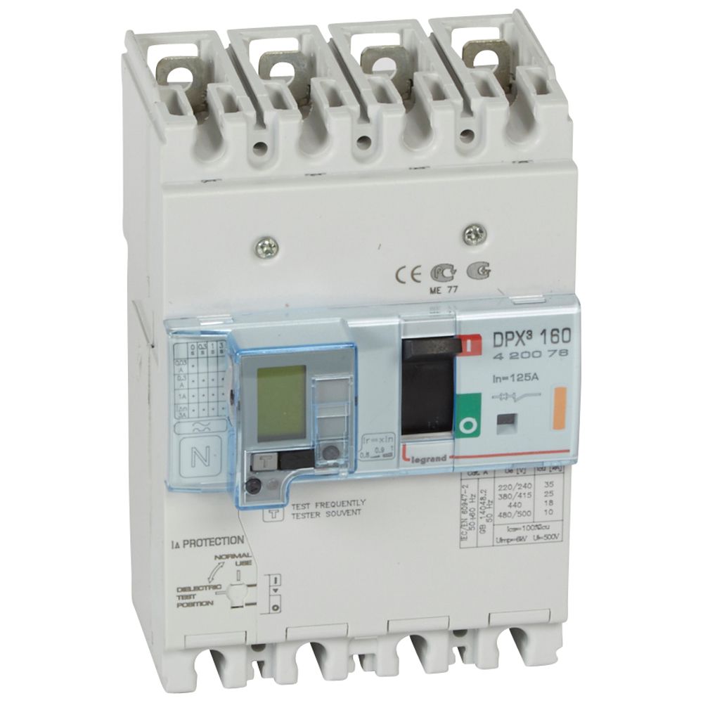 DPX3: kompakt prekidac 160A, 4P, F, FC, In=125A, Un=380/415V (Icu=25kA, Ics=100%Icu), termomagnetna zastitna jedinica (In=125A, Ir=0.8-1In, Im=10In), sa modulom diferencijalne zastite sa LCD (podešavanje osetljivosti: 0.03-0.3-1-3–3A, podešavanje vremena kašnjenja: 0-0.3-1-3s)