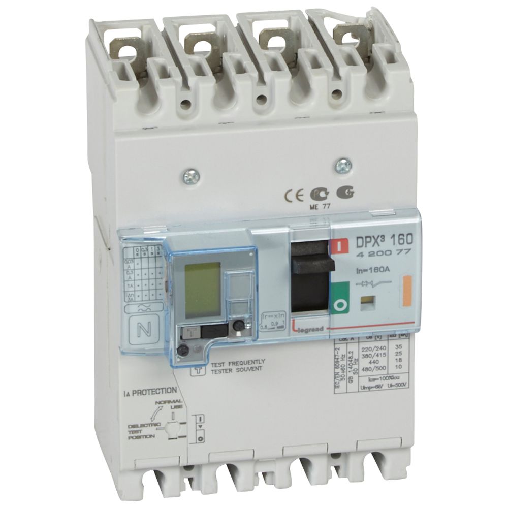 DPX3: kompakt prekidac 160A, 4P, F, FC, In=160A, Un=380/415V (Icu=25kA, Ics=100%Icu), termomagnetna zastitna jedinica (In=160A, Ir=0.8-1In, Im=10In), sa modulom diferencijalne zastite sa LCD (podešavanje osetljivosti: 0.03-0.3-1-3–3A, podešavanje vremena kašnjenja: 0-0.3-1-3s)