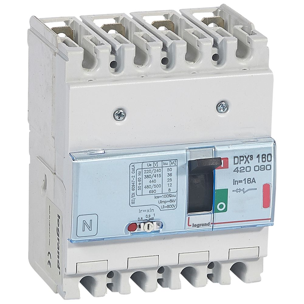 DPX3: kompakt prekidac 160A, 4P, F, FC, In=16A, Un=380/415V (Icu=36kA, Ics=100%Icu), termomagnetna zastitna jedinica (In=16A, Ir=0.8-1In, Im=400A)