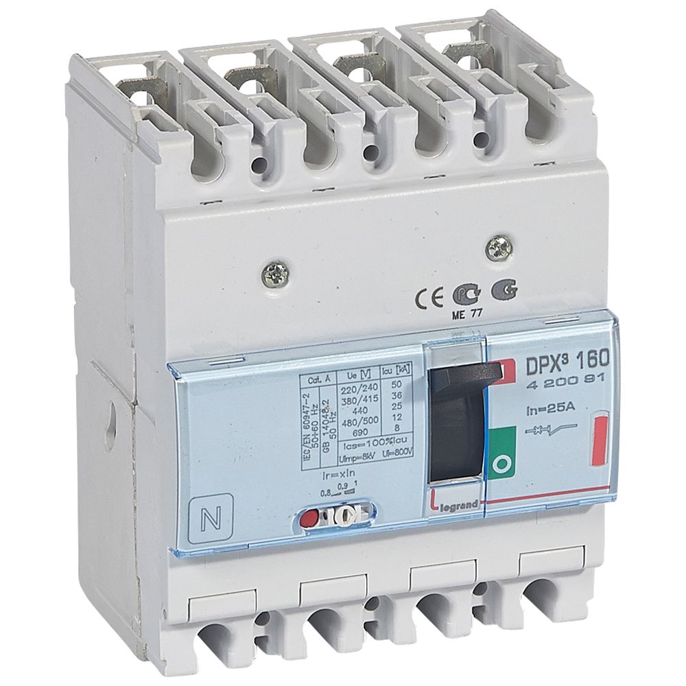 DPX3: kompakt prekidac 160A, 4P, F, FC, In=25A, Un=380/415V (Icu=36kA, Ics=100%Icu), termomagnetna zastitna jedinica (In=25A, Ir=0.8-1In, Im=400A)