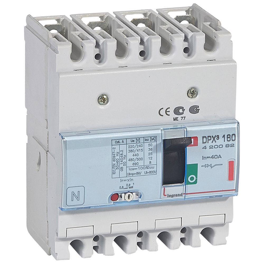 DPX3: kompakt prekidac 160A, 4P, F, FC, In=40A, Un=380/415V (Icu=36kA, Ics=100%Icu), termomagnetna zastitna jedinica (In=40A, Ir=0.8-1In, Im=10In)