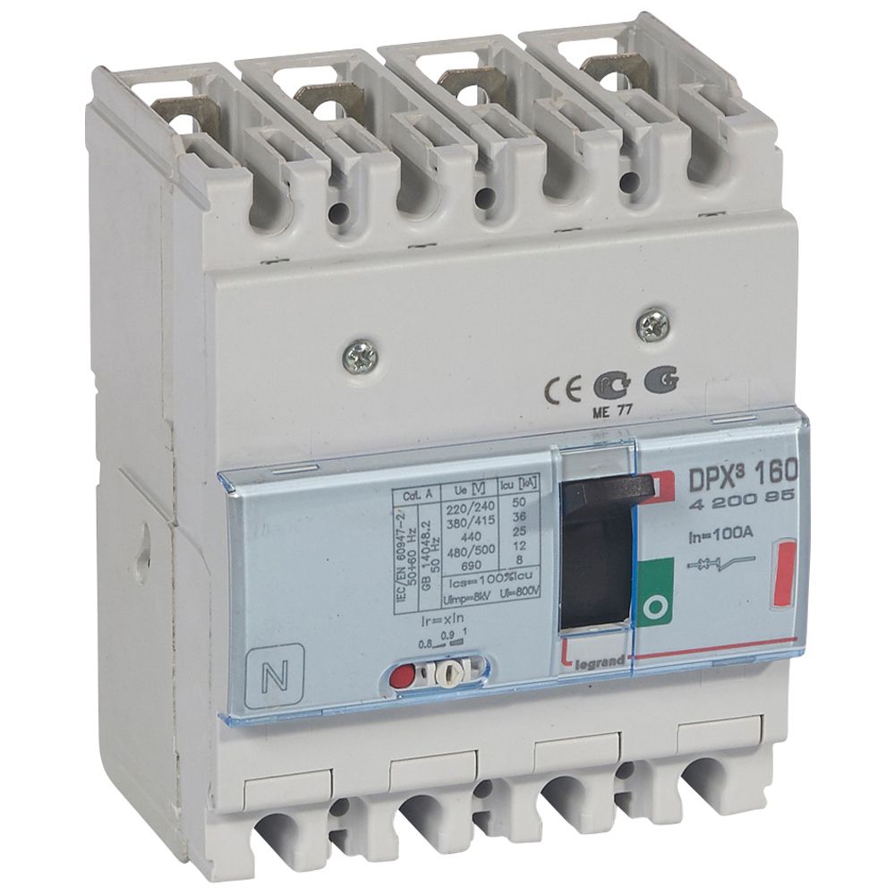 DPX3: kompakt prekidac 160A, 4P, F, FC, In=100A, Un=380/415V (Icu=36kA, Ics=100%Icu), termomagnetna zastitna jedinica (In=100A, Ir=0.8-1In, Im=10In)