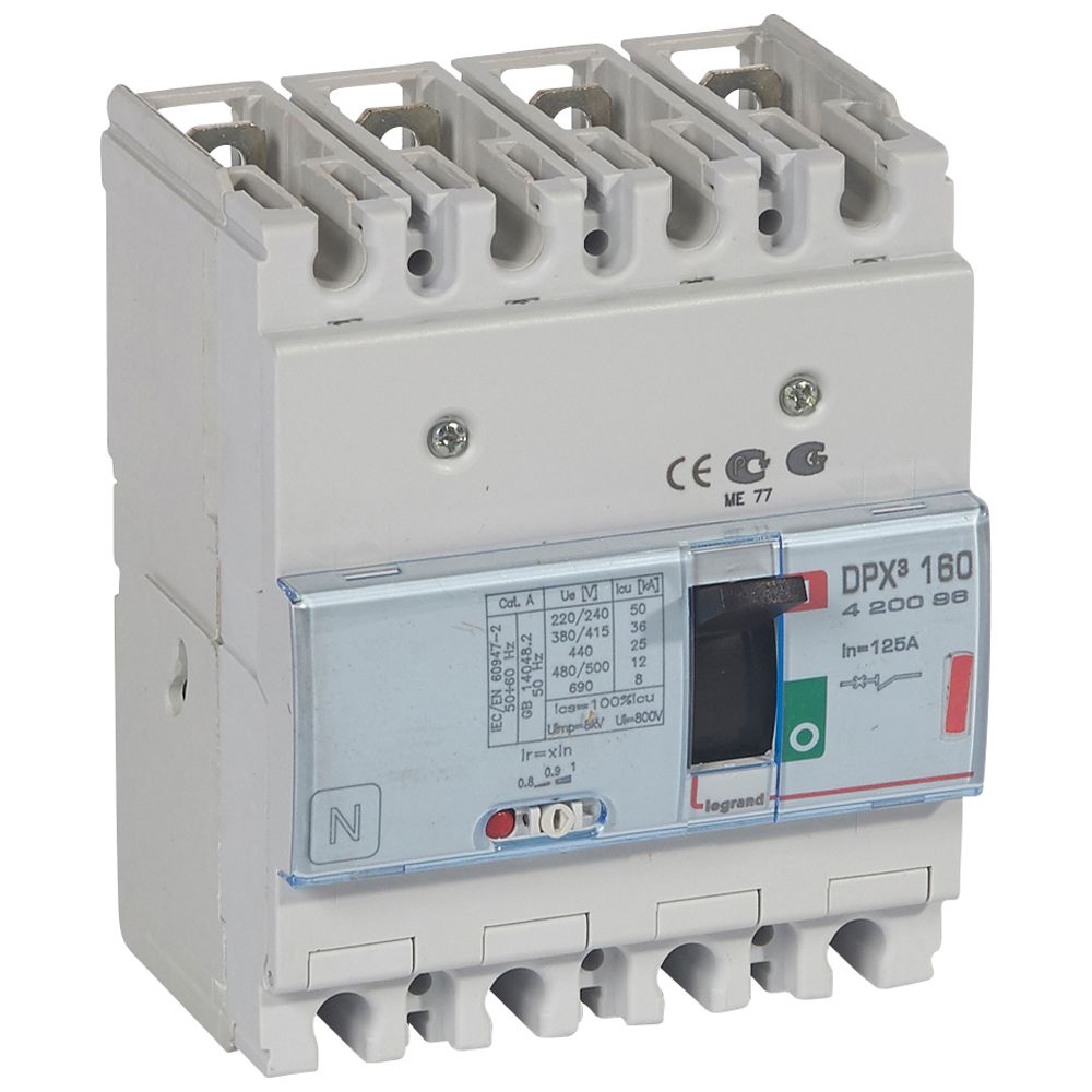 DPX3: kompakt prekidac 160A, 4P, F, FC, In=125A, Un=380/415V (Icu=36kA, Ics=100%Icu), termomagnetna zastitna jedinica (In=125A, Ir=0.8-1In, Im=10In)