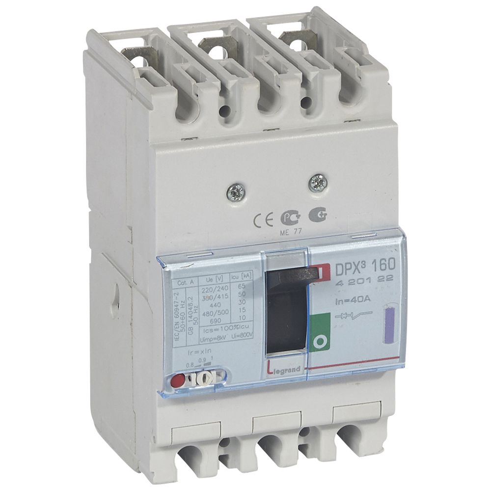 DPX3: kompakt prekidac 160A, 3P, F, FC, In=40A, Un=380/415V (Icu=50kA, Ics=100%Icu), termomagnetna zastitna jedinica (In=40A, Ir=0.8-1In, Im=10In)