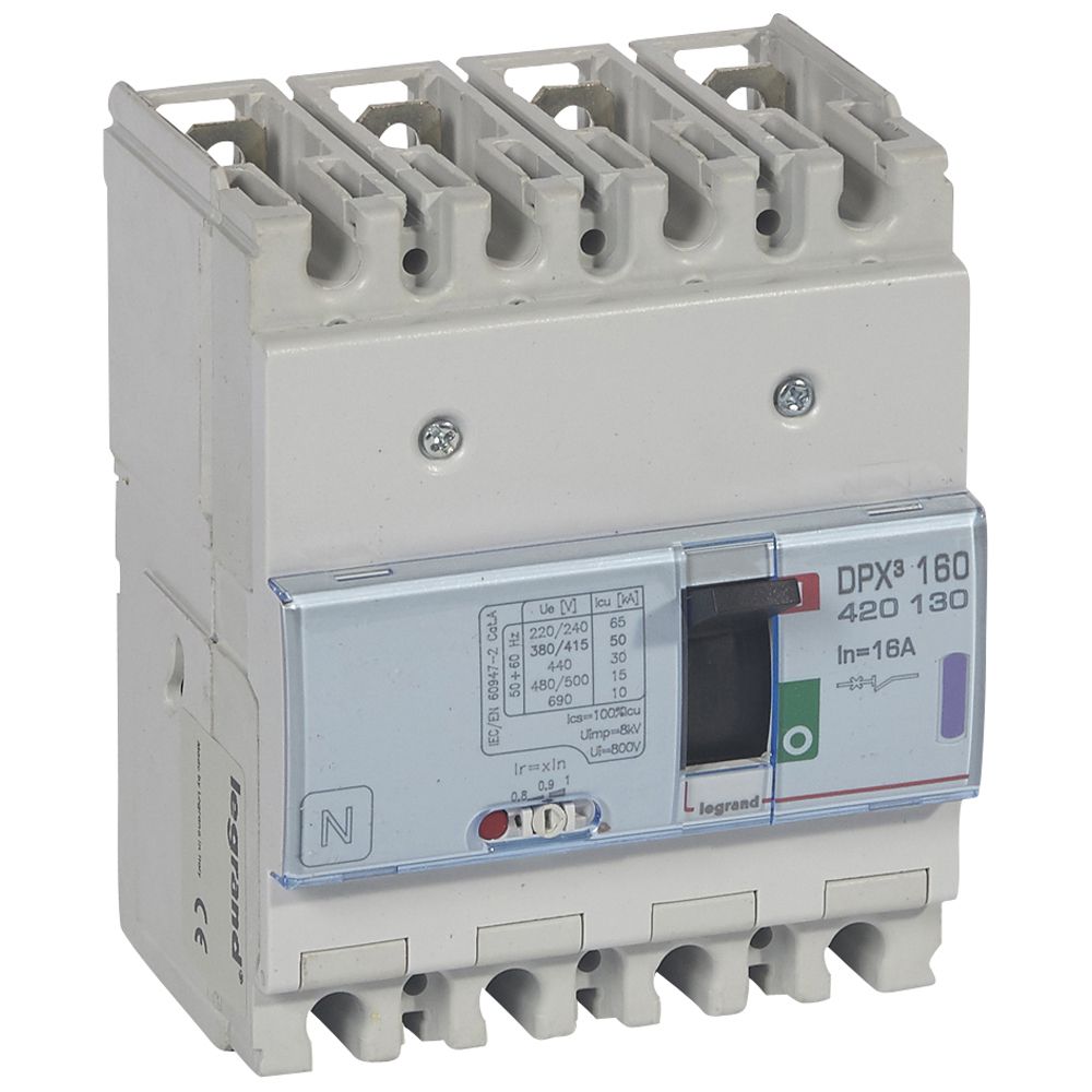 DPX3: kompakt prekidac 160A, 4P, F, FC, In=16A, Un=380/415V (Icu=50kA, Ics=100%Icu), termomagnetna zastitna jedinica (In=16A, Ir=0.8-1In, Im=400A)