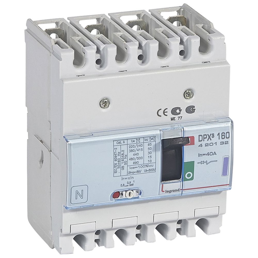 DPX3: kompakt prekidac 160A, 4P, F, FC, In=40A, Un=380/415V (Icu=50kA, Ics=100%Icu), termomagnetna zastitna jedinica (In=40A, Ir=0.8-1In, Im=10In)