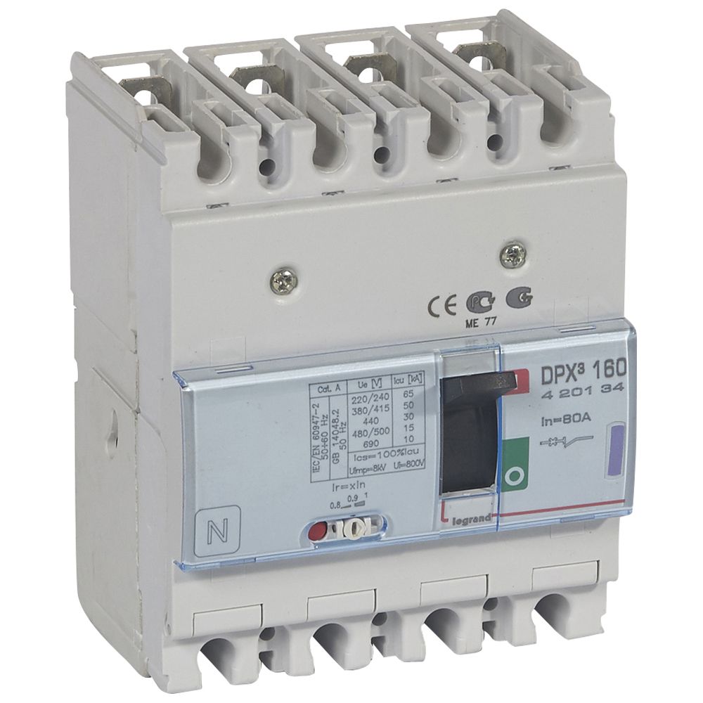 DPX3: kompakt prekidac 160A, 4P, F, FC, In=80A, Un=380/415V (Icu=50kA, Ics=100%Icu), termomagnetna zastitna jedinica (In=80A, Ir=0.8-1In, Im=10In)