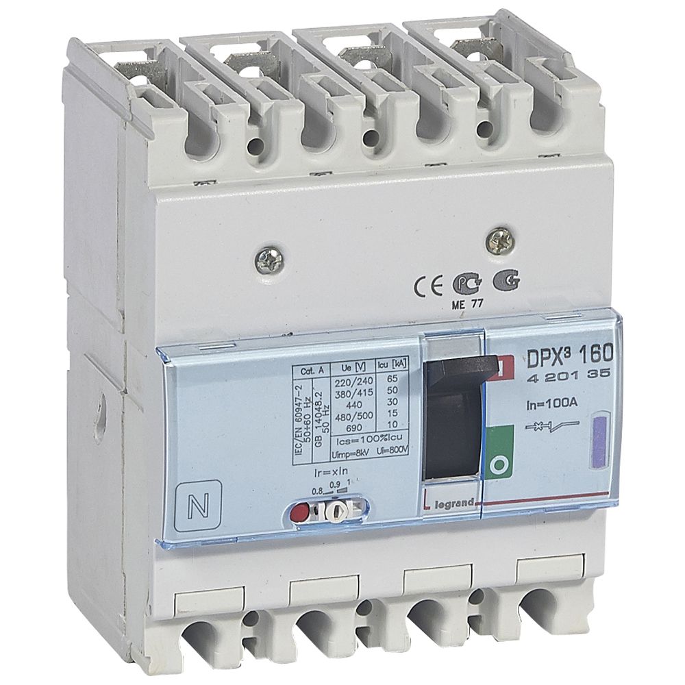 DPX3: kompakt prekidac 160A, 4P, F, FC, In=100A, Un=380/415V (Icu=50kA, Ics=100%Icu), termomagnetna zastitna jedinica (In=100A, Ir=0.8-1In, Im=10In)