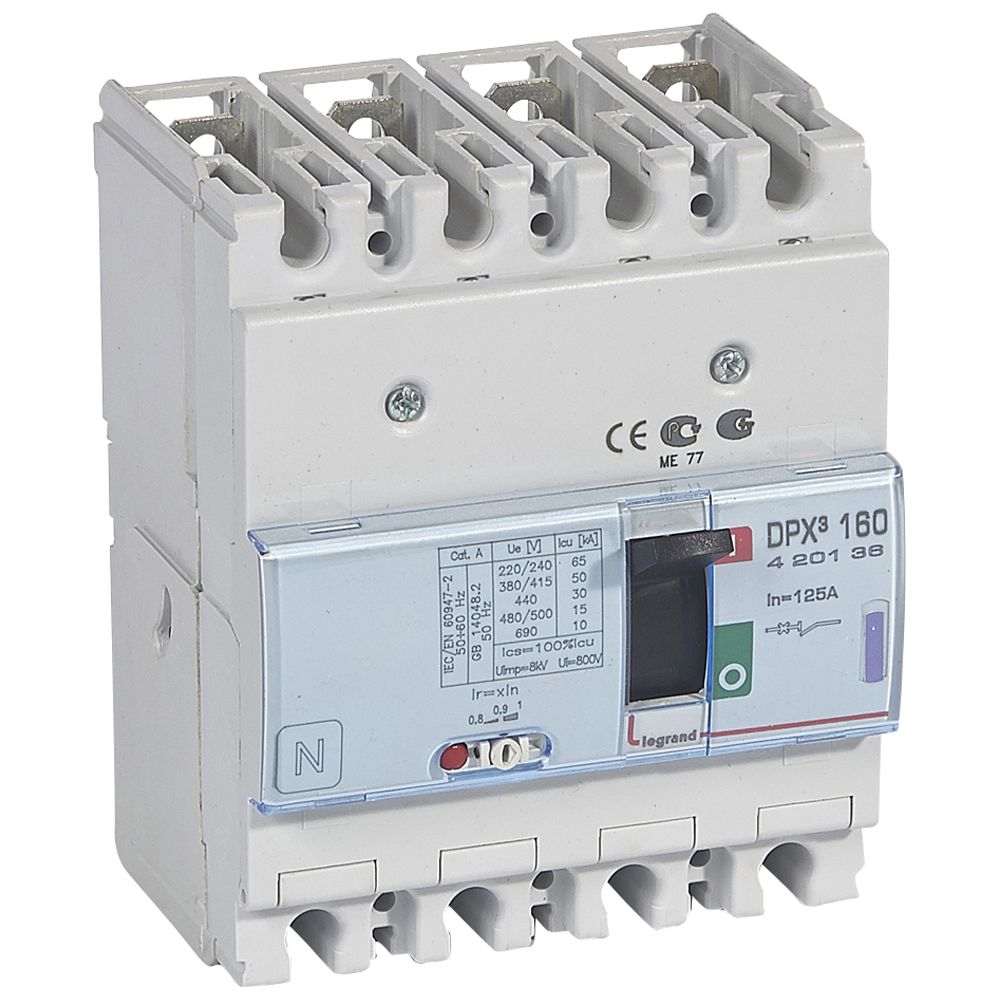 DPX3: kompakt prekidac 160A, 4P, F, FC, In=125A, Un=380/415V (Icu=50kA, Ics=100%Icu), termomagnetna zastitna jedinica (In=125A, Ir=0.8-1In, Im=10In)