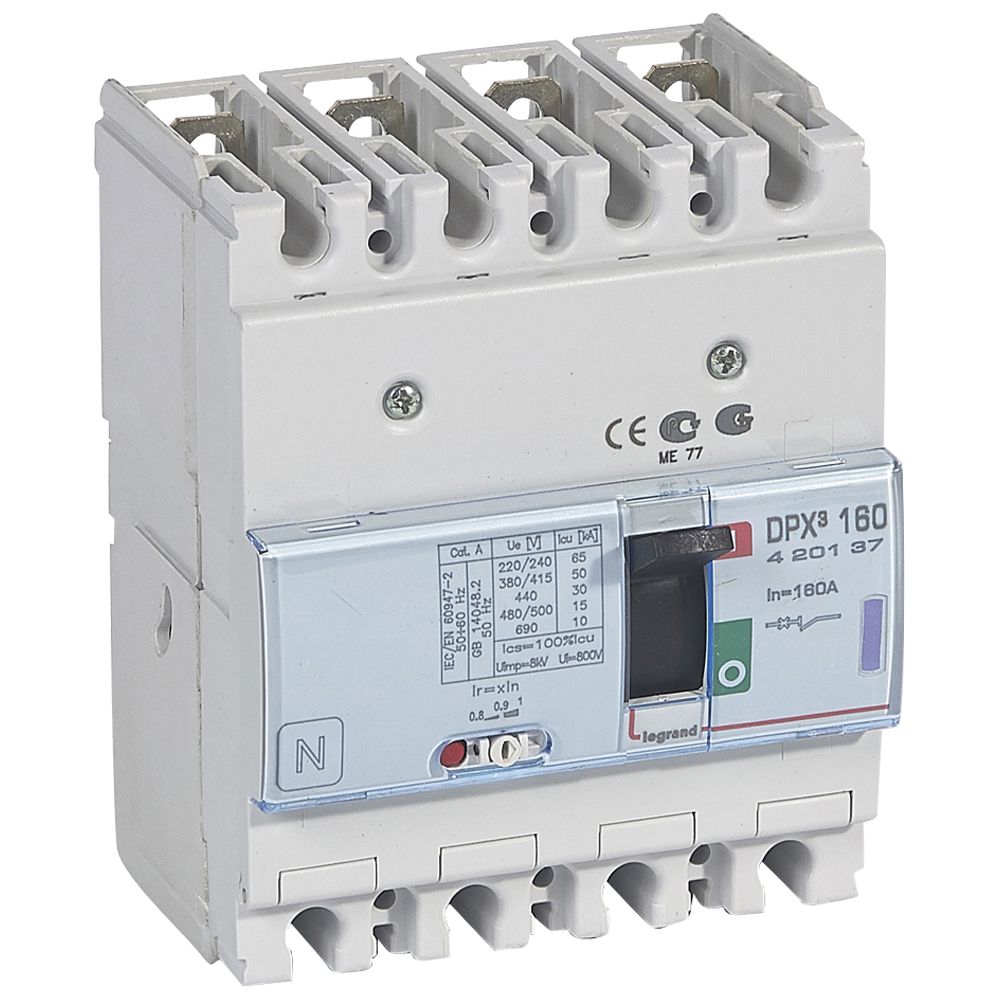 DPX3: kompakt prekidac 160A, 4P, F, FC, In=160A, Un=380/415V (Icu=50kA, Ics=100%Icu), termomagnetna zastitna jedinica (In=160A, Ir=0.8-1In, Im=10In)