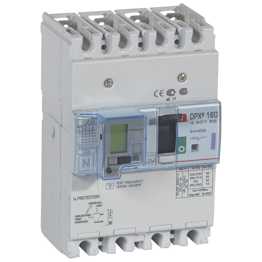 DPX3: kompakt prekidac 160A, 4P, F, FC, In=40A, Un=380/415V (Icu=50kA, Ics=100%Icu), termomagnetna zastitna jedinica (In=40A, Ir=0.8-1In, Im=10In), sa modulom diferencijalne zastite sa LCD (podešavanje osetljivosti: 0.03-0.3-1-3–3A, podešavanje vremena kašnjenja: 0-0.3-1-3s)