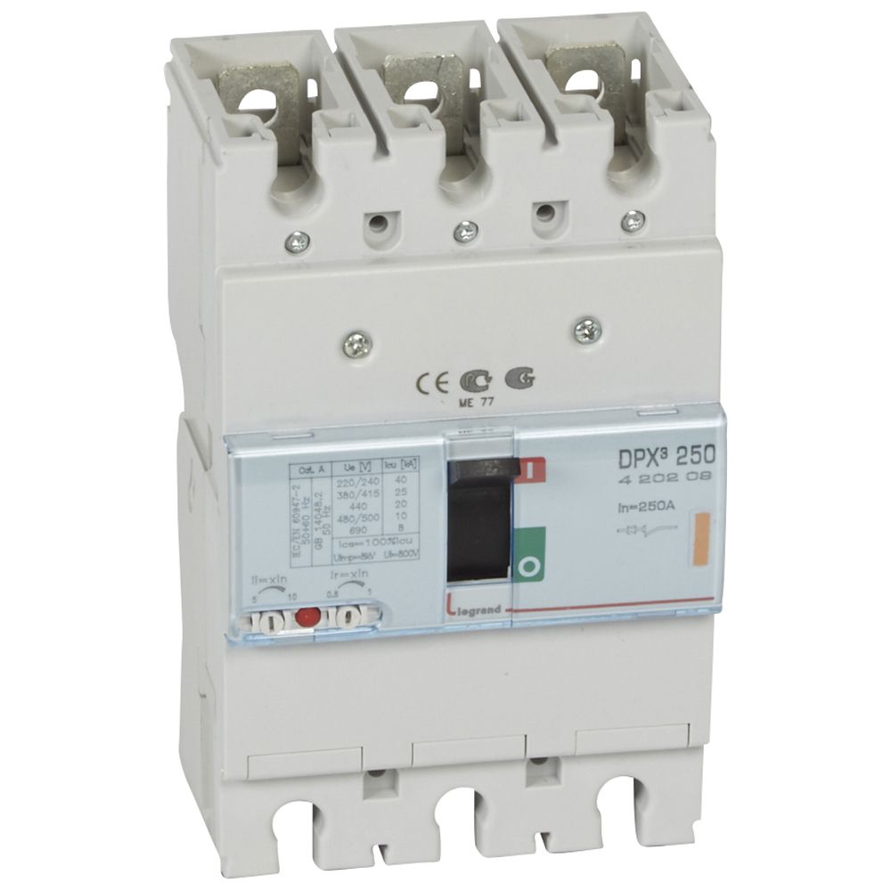 DPX3: kompakt prekidac 250A, 3P, F, FC, In=250A, Un=380/415V (Icu=25kA, Ics=100%Icu), termomagnetna zastitna jedinica (In=250A, Ir=0.8-1In, Im=5-10In)