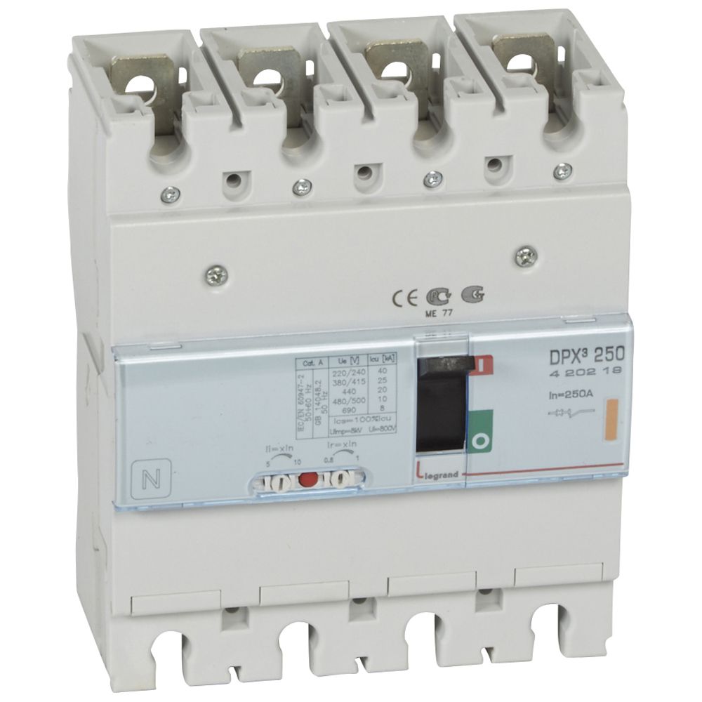 DPX3: kompakt prekidac 250A, 4P, F, FC, In=250A, Un=380/415V (Icu=25kA, Ics=100%Icu), termomagnetna zastitna jedinica (In=250A, Ir=0.8-1In, Im=5-10In)