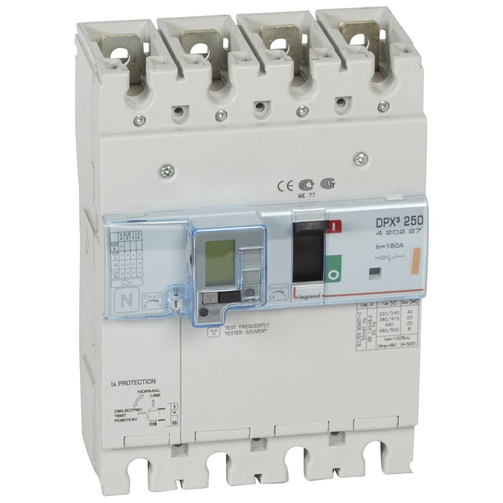 DPX3: kompakt prekidac 250A, 4P, F, FC, In=160A, Un=380/415V (Icu=25kA, Ics=100%Icu), termomagnetna zastitna jedinica (In=160A, Ir=0.8-1In, Im=5-10In), sa modulom diferencijalne zastite sa LCD (podešavanje osetljivosti: 0.03-0.3-1-3–3A, podešavanje vremena kašnjenja: 0-0.3-1-3s)