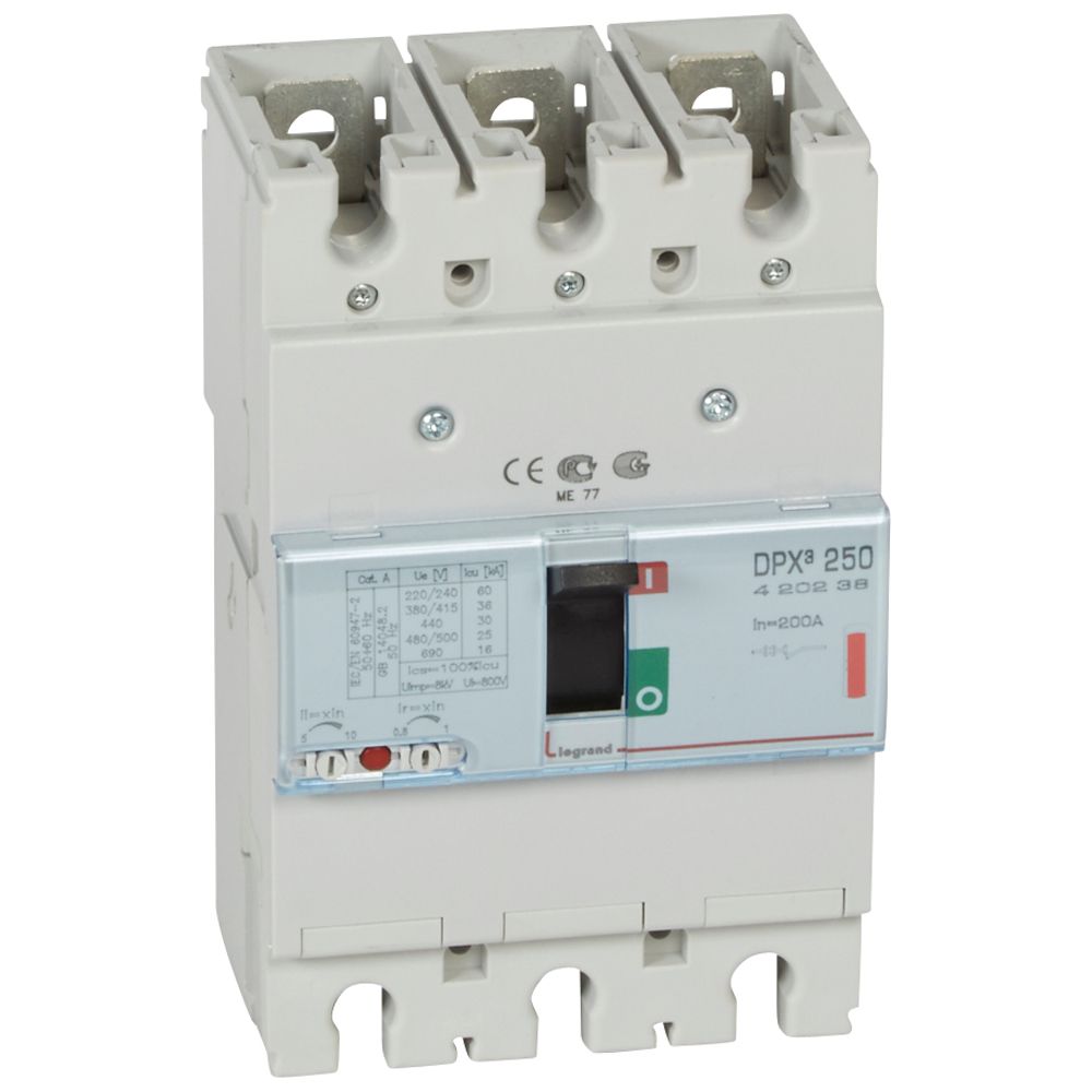 DPX3: kompakt prekidac 250A, 3P, F, FC, In=200A, Un=380/415V (Icu=36kA, Ics=100%Icu), termomagnetna zastitna jedinica (In=200A, Ir=0.8-1In, Im=5-10In)