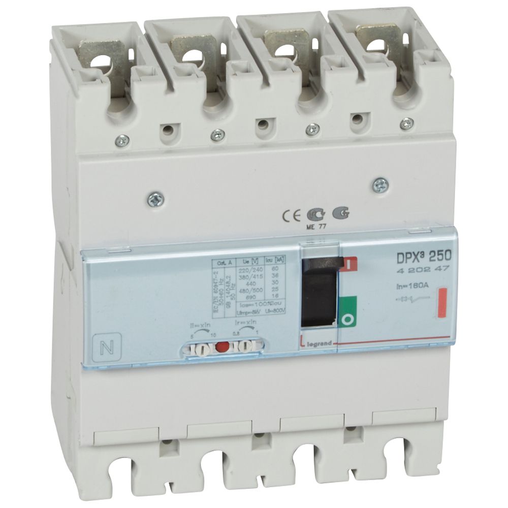 DPX3: kompakt prekidac 250A, 4P, F, FC, In=160A, Un=380/415V (Icu=36kA, Ics=100%Icu), termomagnetna zastitna jedinica (In=100A, Ir=0.8-1In, Im=5-10In)