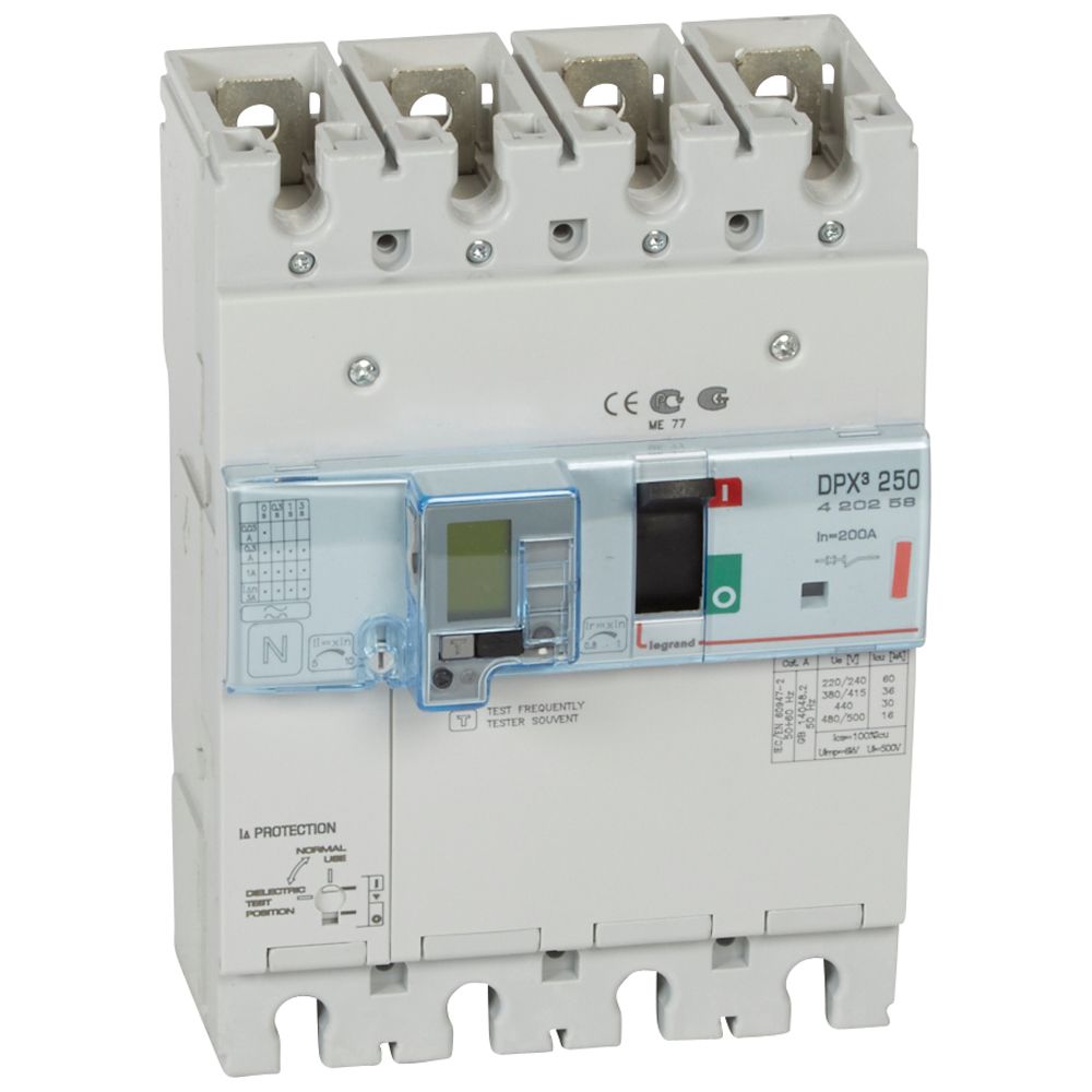 DPX3: kompakt prekidac 250A, 4P, F, FC, In=200A, Un=380/415V (Icu=36kA, Ics=100%Icu), termomagnetna zastitna jedinica (In=200A, Ir=0.8-1In, Im=5-10In), sa modulom diferencijalne zastite sa LCD (podešavanje osetljivosti: 0.03-0.3-1-3–3A, podešavanje vremena kašnjenja: 0-0.3-1-3s)