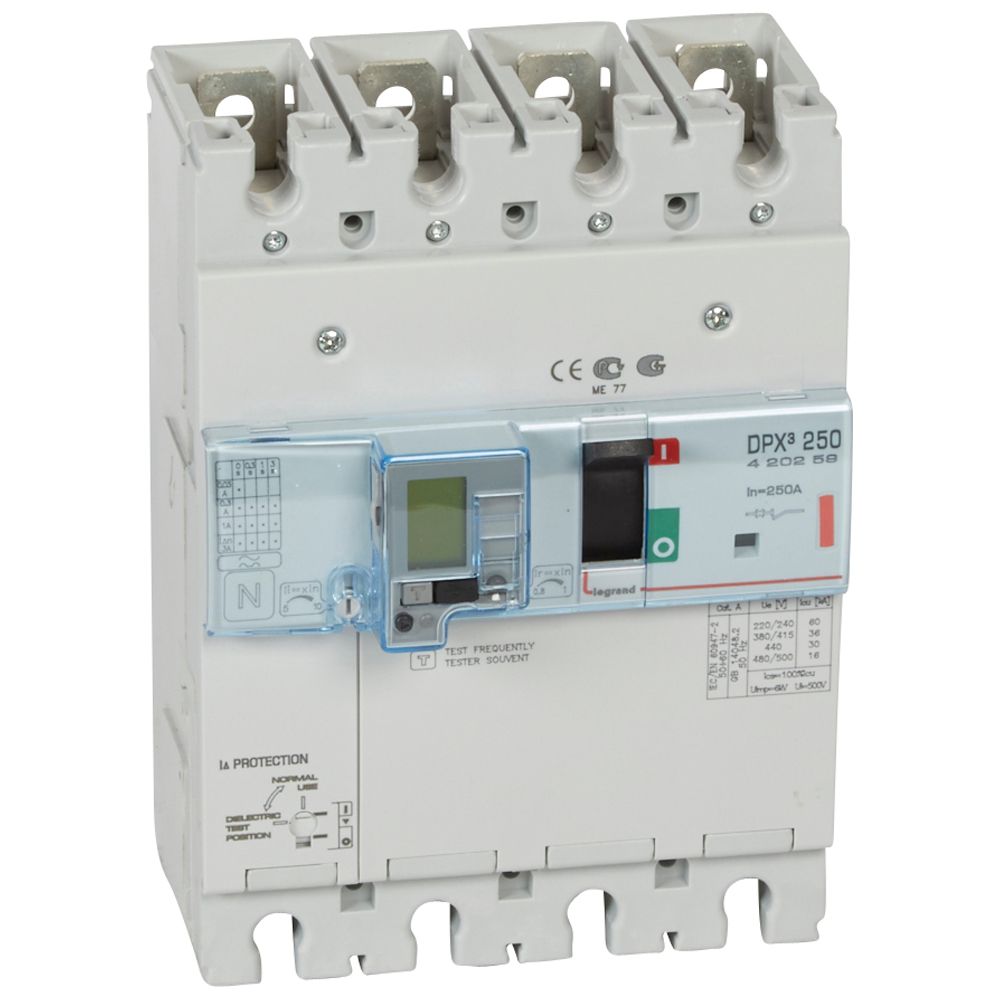 DPX3: kompakt prekidac 250A, 4P, F, FC, In=250A, Un=380/415V (Icu=36kA, Ics=100%Icu), termomagnetna zastitna jedinica (In=250A, Ir=0.8-1In, Im=5-10In), sa modulom diferencijalne zastite sa LCD (podešavanje osetljivosti: 0.03-0.3-1-3–3A, podešavanje vremena kašnjenja: 0-0.3-1-3s)