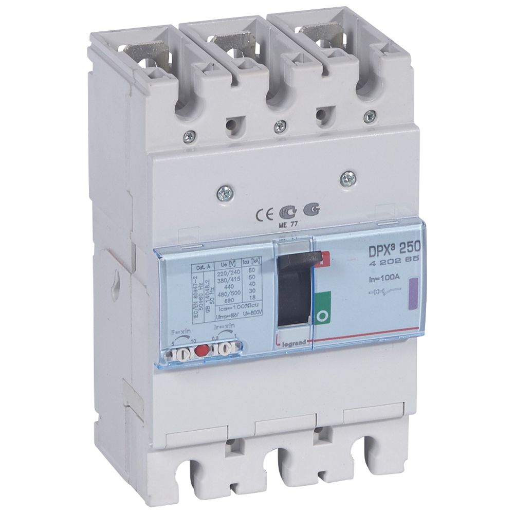 DPX3: kompakt prekidac 250A, 3P, F, FC, In=100A, Un=380/415V (Icu=50kA, Ics=100%Icu), termomagnetna zastitna jedinica (In=100A, Ir=0.8-1In, Im=5-10In)