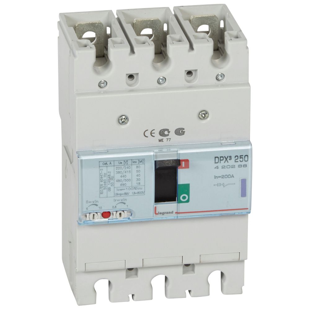 DPX3: kompakt prekidac 250A, 3P, F, FC, In=200A, Un=380/415V (Icu=50kA, Ics=100%Icu), termomagnetna zastitna jedinica (In=200A, Ir=0.8-1In, Im=5-10In)