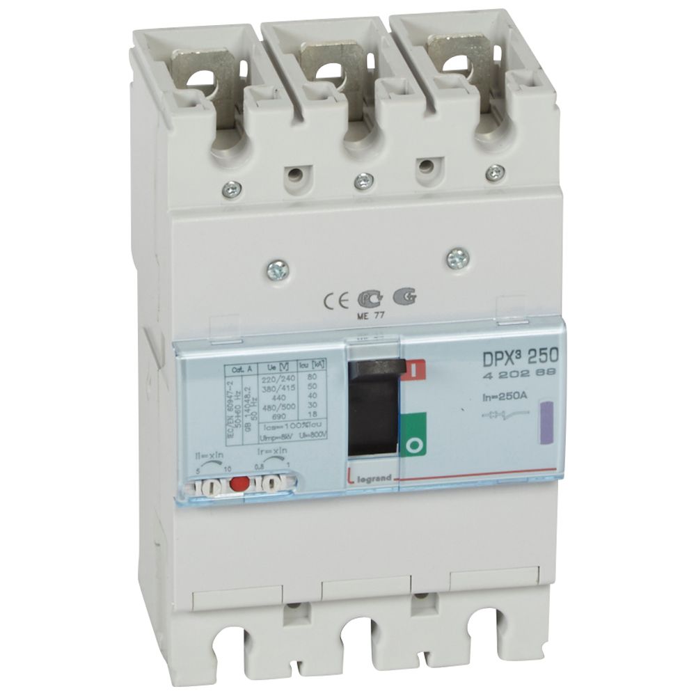 DPX3: kompakt prekidac 250A, 3P, F, FC, In=250A, Un=380/415V (Icu=50kA, Ics=100%Icu), termomagnetna zastitna jedinica (In=250A, Ir=0.8-1In, Im=5-10In)