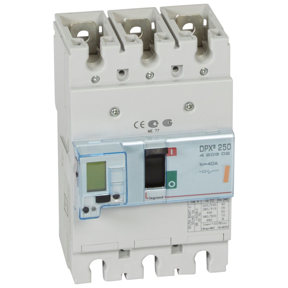 DPX3: kompakt prekidac 250A, 3P, F, FC, In=40A, Un=380/415V (Icu=25kA, Ics=100%Icu), elektronska zastitna jedinica (In=40A, Ir=0.4-1In, Isd=1.5...10In, Tr=3…15s, Tsd=0…0.5s, LCD )