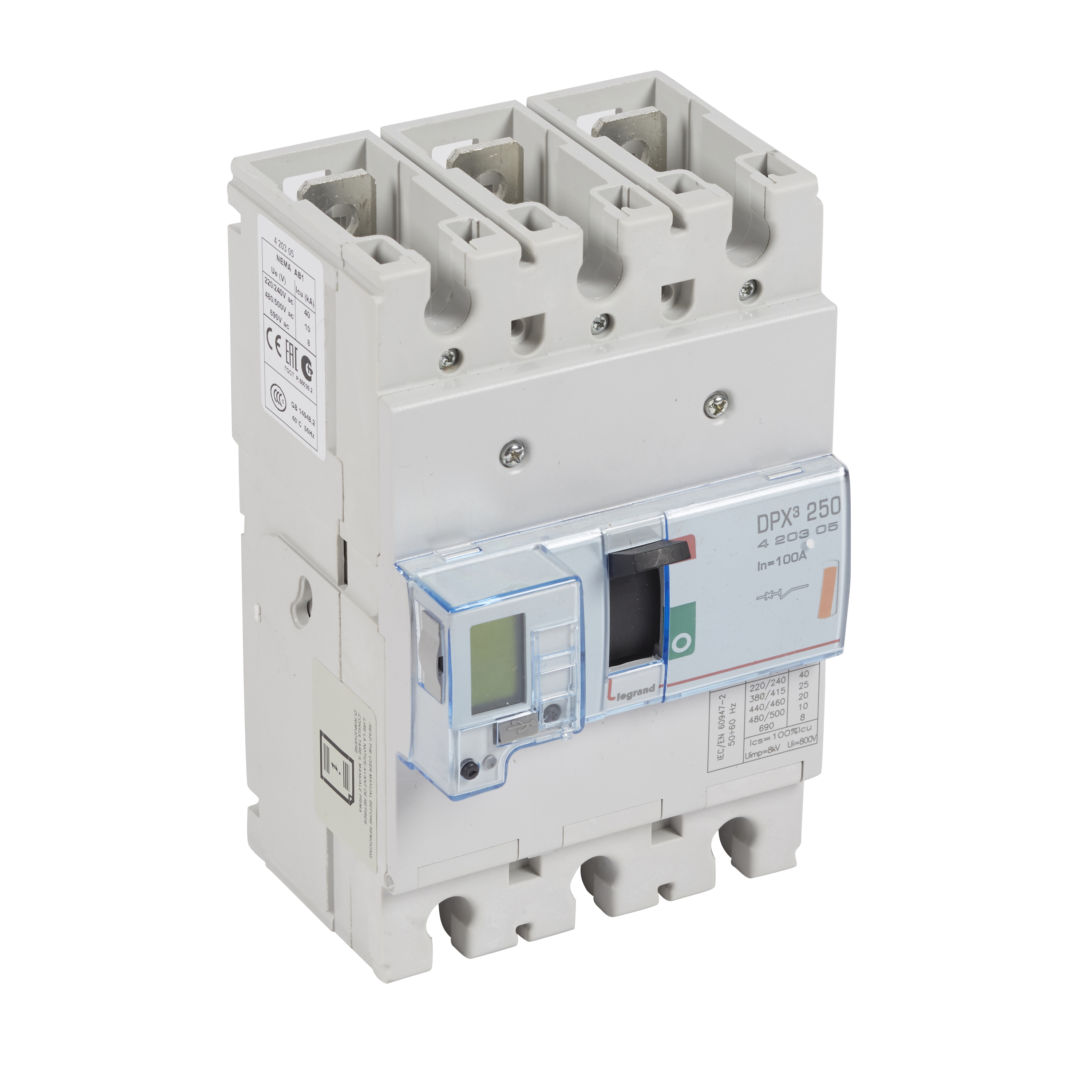 DPX3: kompakt prekidac 250A, 3P, F, FC, In=100A, Un=380/415V (Icu=25kA, Ics=100%Icu), elektronska zastitna jedinica (In=100A, Ir=0.4-1In, Isd=1.5...10In, Tr=3…15s, Tsd=0…0.5s, LCD )