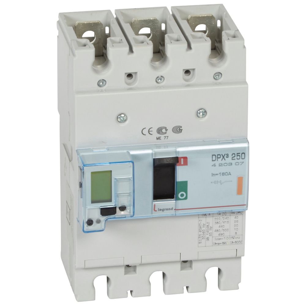 DPX3: kompakt prekidac 250A, 3P, F, FC, In=160A, Un=380/415V (Icu=25kA, Ics=100%Icu), elektronska zastitna jedinica (In=160A, Ir=0.4-1In, Isd=1.5...10In, Tr=3…15s, Tsd=0…0.5s, LCD )