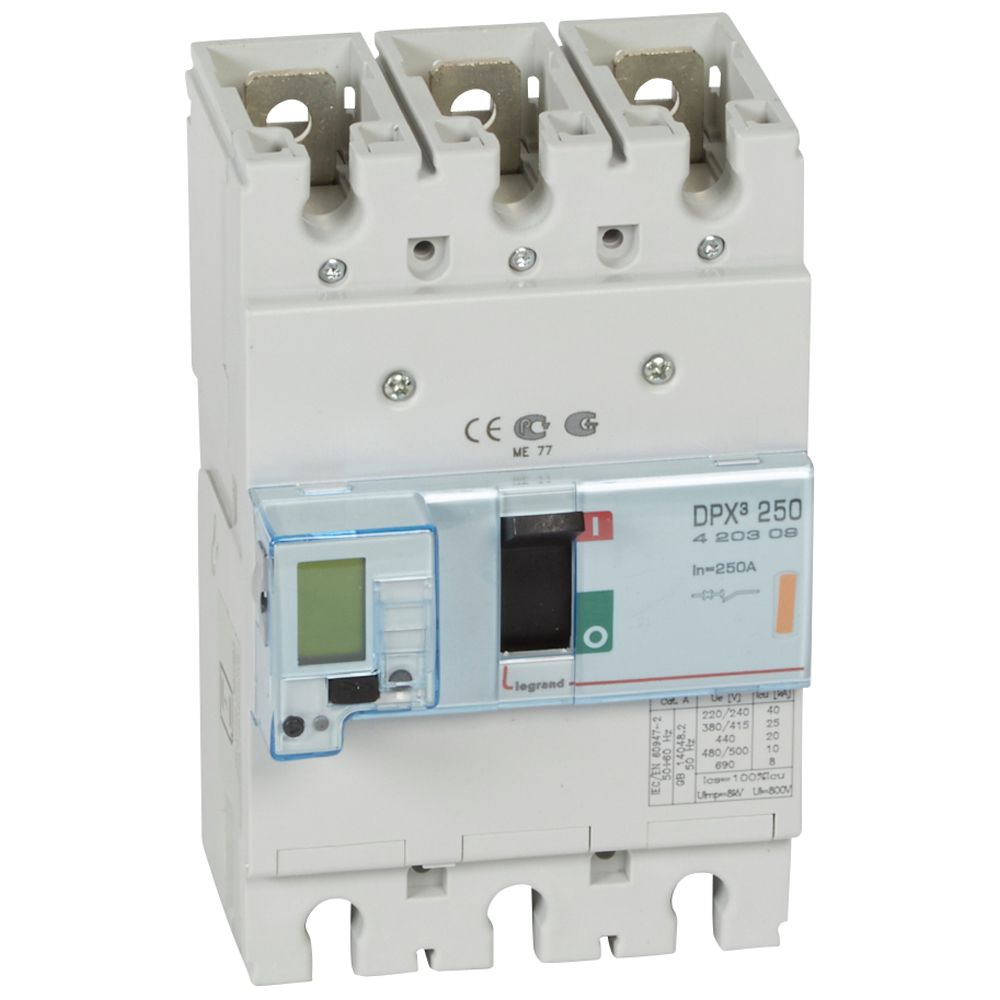 DPX3: kompakt prekidac 250A, 3P, F, FC, In=250A, Un=380/415V (Icu=25kA, Ics=100%Icu), elektronska zastitna jedinica (In=250A, Ir=0.4-1In, Isd=1.5...10In, Tr=3…15s, Tsd=0…0.5s, LCD )